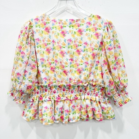 Wishing Waves Floral Smocked Peplum Balloon Sleeve Top Blouse Size XL - Picture 2 of 7